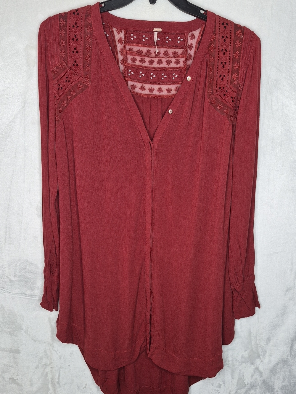 Free People Red Lace Inset Boho Peasant Tunic Top XS